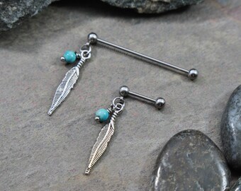 16g Bohemian Feather Barbell, Silver Cartilage Industrial Tragus Flat Helix Nipple Straight Bar Turquoise Riverstone, Choose Length 6mm-38mm