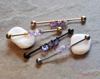 Wire Wrap Amethyst Industrial Bar 316L Stainless Surgical Steel Cartilage Piercing Choose 16g 14g 30mm 32mm 35mm 38mm Gold Rose Gold Black