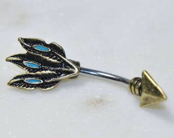 Tribal Arrow Belly Ring, 14g 3/8 inch 316L Stainless Surgical Steel Navel Curve, Ear Cartilage Rook, Gold Brass Bronze Body Piercing Jewelry