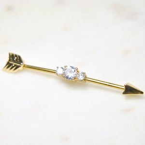 Gold Arrow Industrial Bar Barbell, 316L Stainless Surgical Steel, 14g or 16g 1-1/2", Upper Ear Cartilage Scaffold Piercing Jewelry Clear Gem