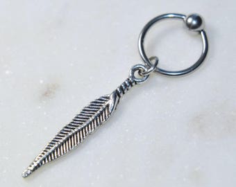 Feather Dangle Charm Ear Cartilage Hoop, Silver 316L Stainless Surgical Steel, 20g 18g 16g 14g, Body Piercing Jewelry, Captive Bead Ring CBR