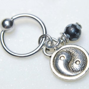 Yin-Yang Wire-Wrapped Schneeflocken Obsidian Ohrknorpel Hoop, Silber 316L Rostfreier chirurgischer Stahl, 20g 18g 16g 14g Verliersicherer Perlenring CBR