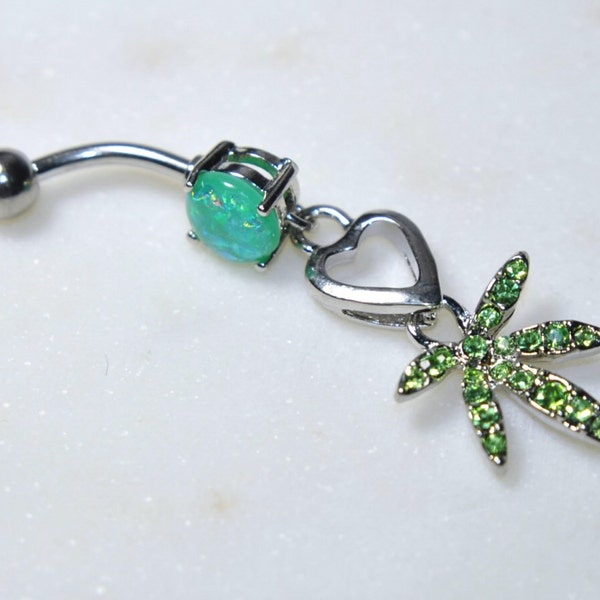 Pot Leaf Dangle Belly Ring, 14g 3/8" 316L Stainless Surgical Steel Navel Curve, Green Opal Glitter Gem, Cubic Zirconia Gem Charms