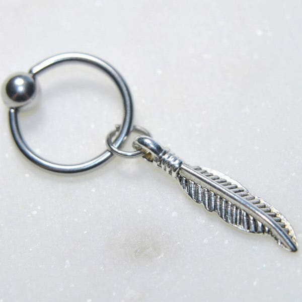 Feather Cartilage Jewelry, 316L Stainless Surgical Steel 20g/18g/16g/14g 6mm-19mm Captive Bead Ring CBR or Bendable Hoop, Silver Boho Charm