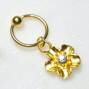 Flower Cubic Zirconia Gem Charm Ear Cartilage Hoop, Gold 316L Stainless Surgical Steel, 20g 18g 16g 14g Captive Bead Ring CBR, Boho Style