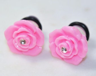 PAIR 0g/8mm Flower Plugs, Pink Rose No Flare Ear Gauges, Acrylic Body Piercing Jewelry For Stretched Ears, Girly Cute Wedding Work Hiders