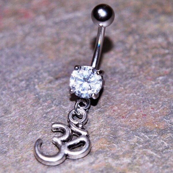 Om Aum Belly Ring, Body Piercing Jewelry, 14g 14 gauge, Silver 316L Stainless Surgical Steel, Prong-Set CZ Gem, Dangle Charm Navel