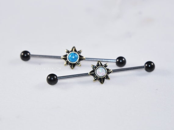 Gold Colored Double Prong Turquoise Colored Colored Gem Industrial Barbell 14G - Sold Individually 1.6mm