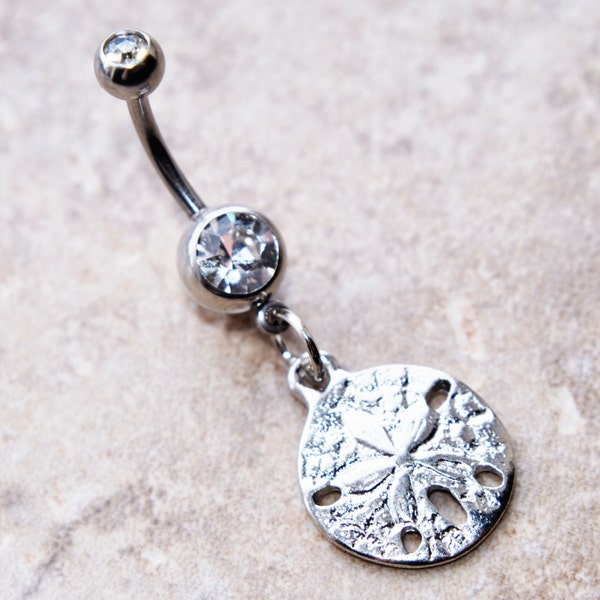 Sand Dollar Belly Ring, Double Clear CZ Gems, Body Piercing Jewelry, 14g 14 gauge, 316L Stainless Surgical Steel, Dangle Charm Navel, Silver