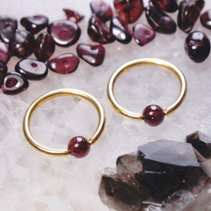 PAIR Garnet Nipple Rings, 316L Surgical Steel or Titanium, Deep Red Gemstone Captive Bead Rings, 16g 14g 10mm/11mm/12mm/14mm/16mm/19mm SET