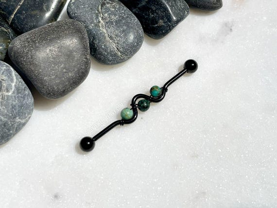 African Turquoise Wire-Wrapped Industrial Bar, Black IP 14g 38mm 316L Surgical Steel, Boho Earthy Beads Wavy Cartilage Barbell