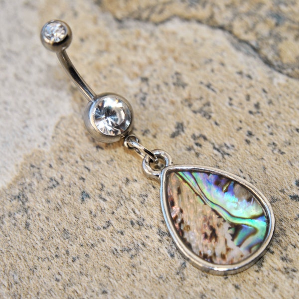 Abalone Shell Belly Ring, Body Piercing Jewelry, 14g 14 gauge, 316L Stainless Surgical Steel, Dangle Charm Navel, Double Cubic Zirconia Gems