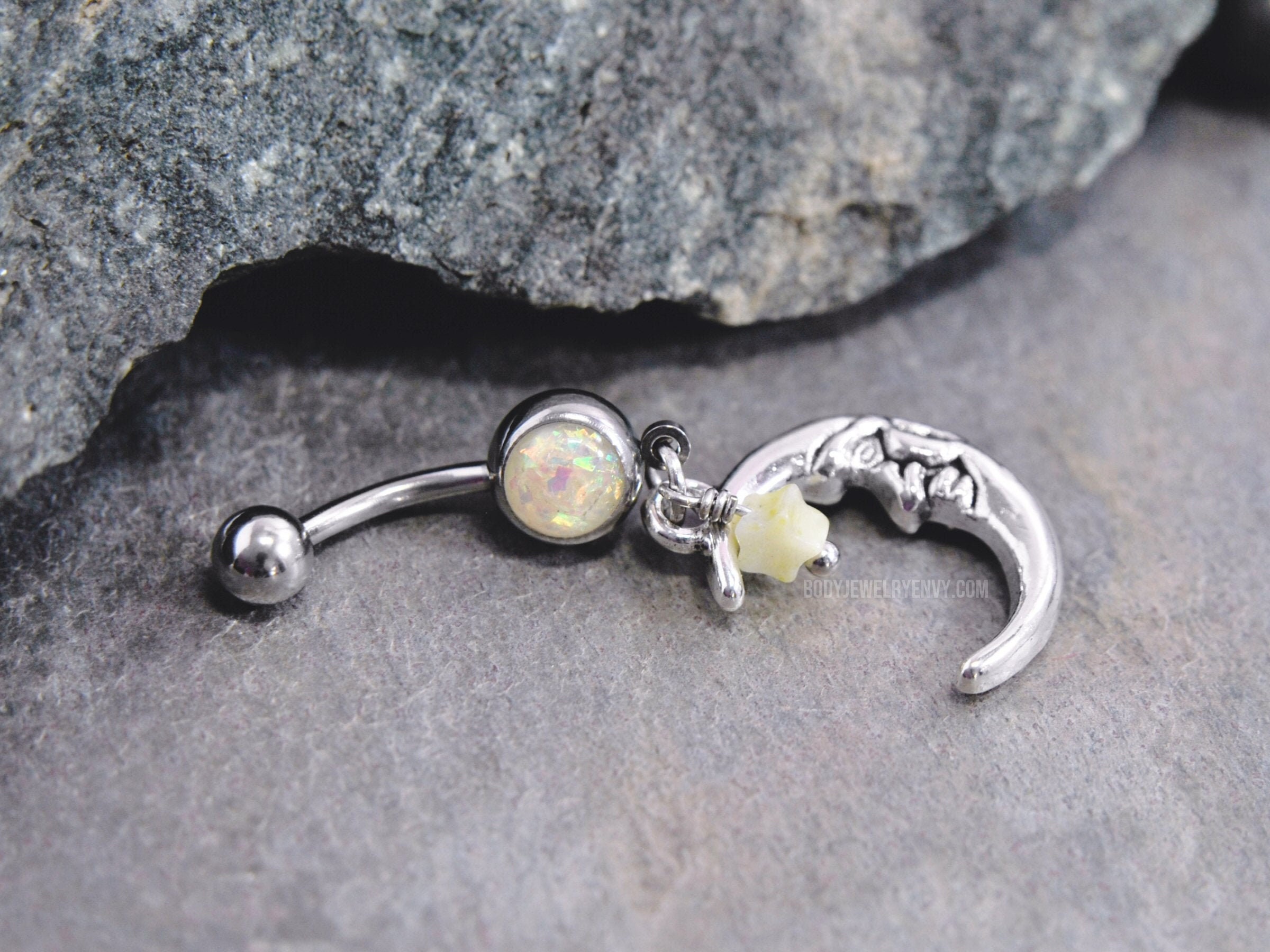 Moon and Star Belly Button Ring, 14g 316L Stainless Surgical Steel Navel, Iridescent Gem Opal Silver Yellow Jade Bead Dangle Belly Barbell