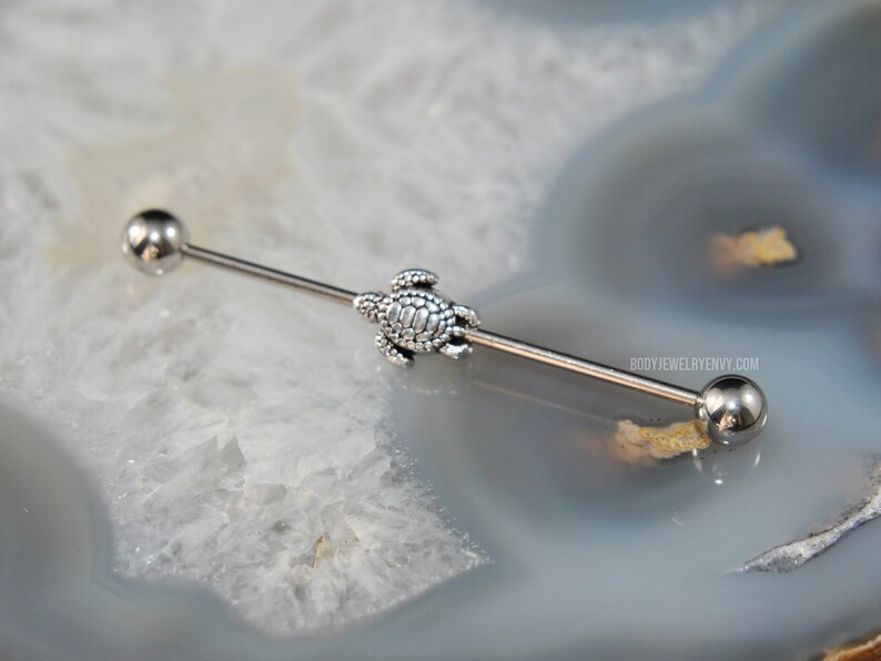 16g Silver Sea Turtle Industrial Bar Barbell Ear Cartilage Scaffold Piercing Beach Jewelry 316L Stainless Surgical Steel 30mm 35mm 38mm