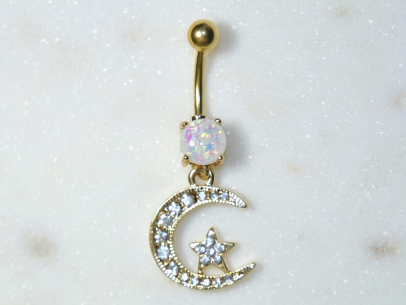 Gold Moon Star Belly Ring Body Piercing Jewelry 14g Etsy