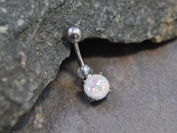 AB Sparkle Belly Ring 14g 10mm 316L Stainless Surgical Steel Glitter Metallic Iridescent Flakie Foil Resin Opal Beaded Prong set White Gem Etsy Canada