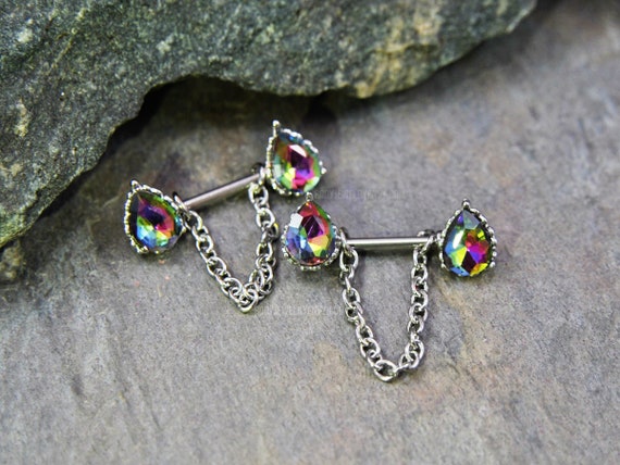 PAIR Teardrop Vitrail Crystal Nipple Barbell 14 Gauge 12mm 316L Stainless Surgical Steel Dangle Chain Medium Black AB Flashy Iridescent Etsy