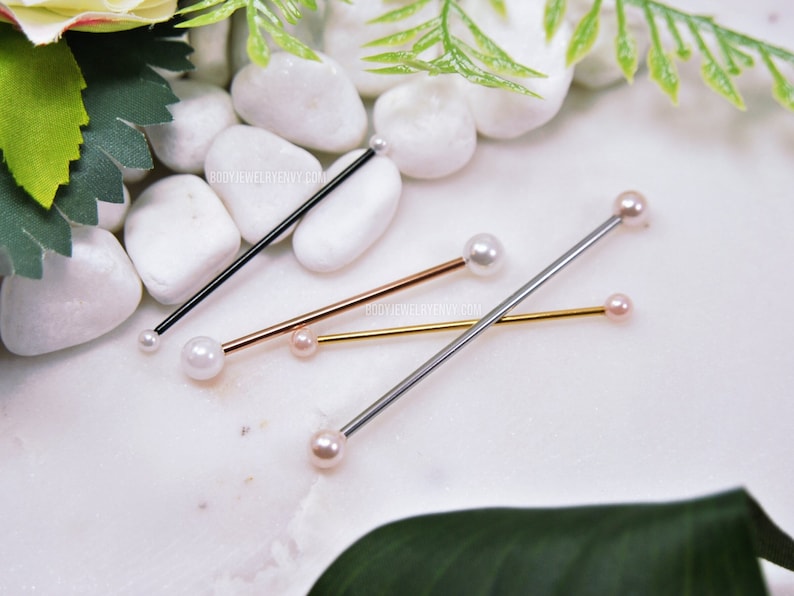 Pearl Industrial Bar, 16g 14g White/Pink 316L Stainless Surgical Steel Upper Ear Cartilage Barbell Scaffold Piercing Jewelry Rose Gold Black image 1