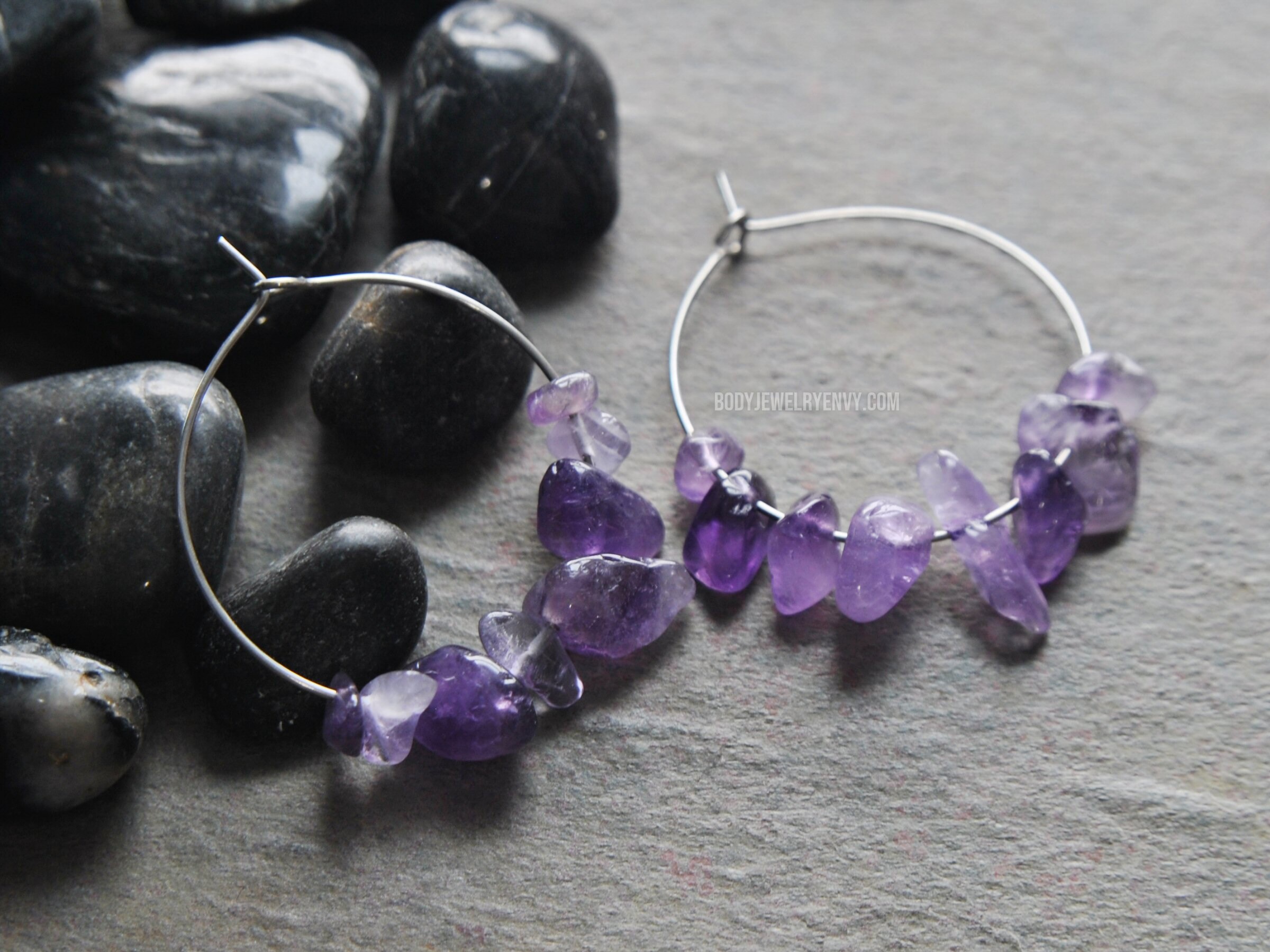 Amethyst Gemstone Chip Hoop Earrings Hypoallergenic Stainless Steel