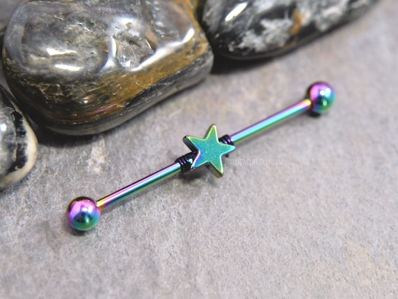 Rainbow Hematite Star Industrial Barbell 14g 38mm Ion Plated 316L Surgical Steel Wire wrapped Bead Upper Ear Cartilage Bar Piercing Jewelry Etsy Canada