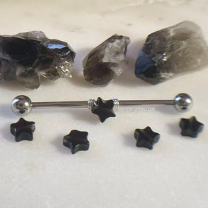 Barra industrial de arame de estrela de ágata preta, titânio ou aço cirúrgico 316L 14g 16g 32 mm 35 mm 38 mm Gem Long Barbell Piercing de cartilagem dupla