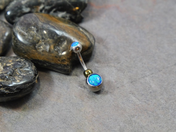 Blue Lab Opal Belly Ring 14g 316L Stainless Surgical Steel Double Faux Fire Opal Navel Belly Button Piercing Bronze Beaded Boho Gift for Her
