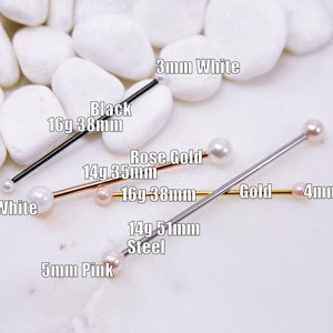 Pearl Industrial Bar, 16g 14g White/Pink 316L Stainless Surgical Steel Upper Ear Cartilage Barbell Scaffold Piercing Jewelry Rose Gold Black image 5