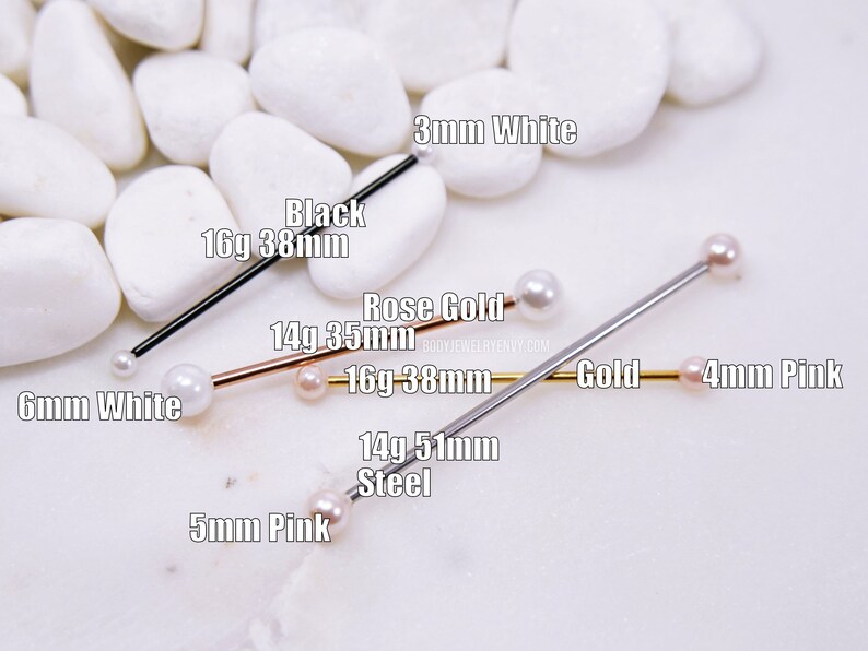 Pearl Industrial Bar, 16g 14g White/Pink 316L Stainless Surgical Steel Upper Ear Cartilage Barbell Scaffold Piercing Jewelry Rose Gold Black image 5