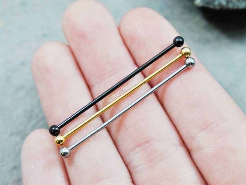 Small Industrial Bar 16g 14g 316L Surgical Steel 38mm 35mm 32mm 30mm Silver Gold Rose Black Ear Cartilage Barbell Scaffold Piercing Tiny End image 9