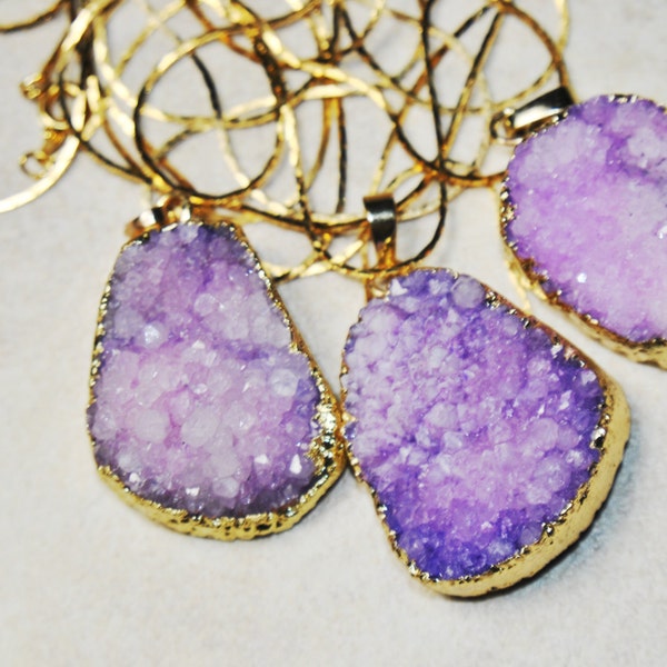 SALE Gold Electroplated Amethyst Druzy Pendant Necklace, 24 inches long, Sparkling Purple Quartz Crystal, Spiritual Healing