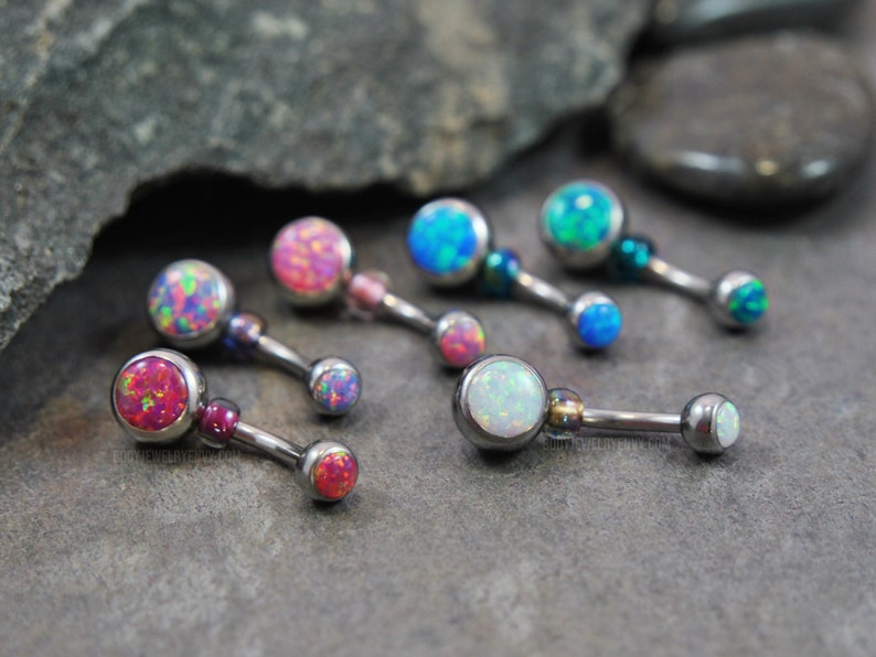 Double Opal Belly Ring - 316L Stainless Surgical Steel 14g 10mm - Faux Lab Opal Beaded - CHOOSE COLOR White, Red, Purple, Pink, Blue, Green 