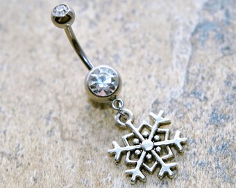 Snowflake Belly Ring, Choose Color Double CZ Gems 316L Stainless Surgical Steel Body Piercing Jewelry 14g 14 gauge Dangle Charm Navel Silver