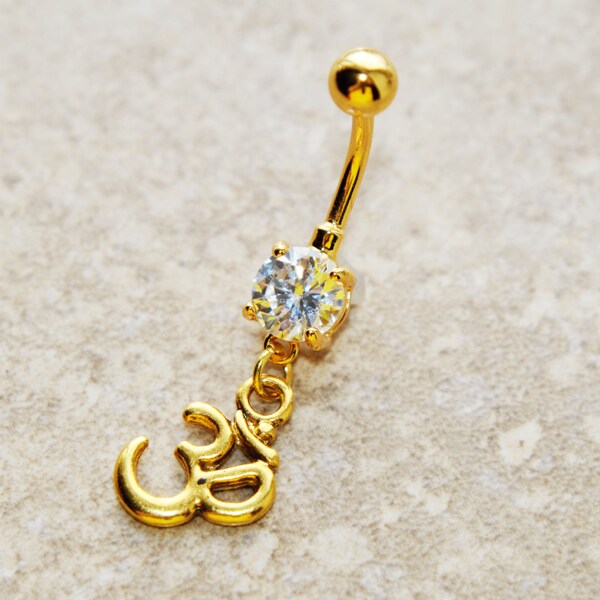 Gold Om Aum Belly Ring, Body Piercing Jewelry, 14g 14 gauge, Gold Ionic Plated on 316L Stainless Surgical Steel, CZ Gem, Dangle Charm Navel