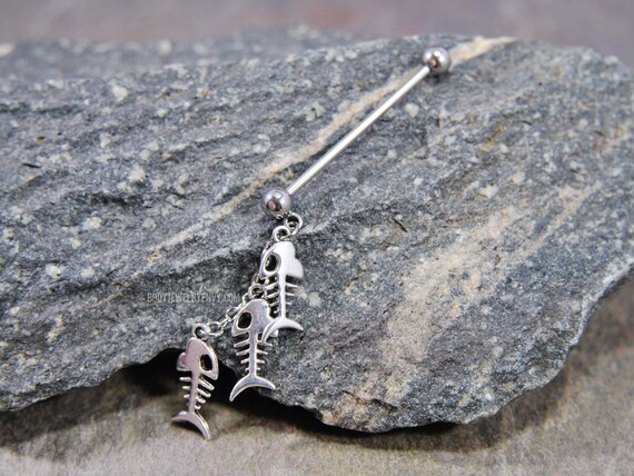 Fish Skeleton Industrial Barbell, 14g 32mm 35mm 38mm 316L Surgical Steel, Bones Dangle Upper Ear Cartilage Bar Scaffold Piercing Jewelry