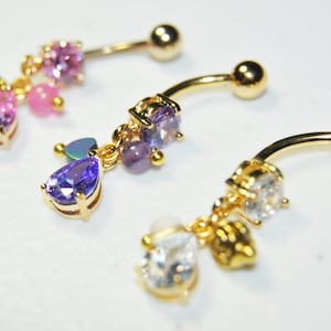 Teardrop CZ Gold Belly Ring, Body Piercing Jewelry, 14g 14 gauge, Gold 316L Stainless Surgical Steel, CZ Gems, Prong Dangle Charm Bead Navel