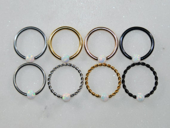 Surgical Steel Black Ion Plated Captive Bead Ring With White Synthetic Opal