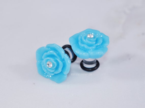 PAIR 2g 6mm Flower Plugs Light Blue Crystal Rose No Flare | Etsy