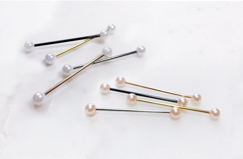 Pearl Industrial Bar, 16g 14g White/Pink 316L Stainless Surgical Steel Upper Ear Cartilage Barbell Scaffold Piercing Jewelry Rose Gold Black image 7