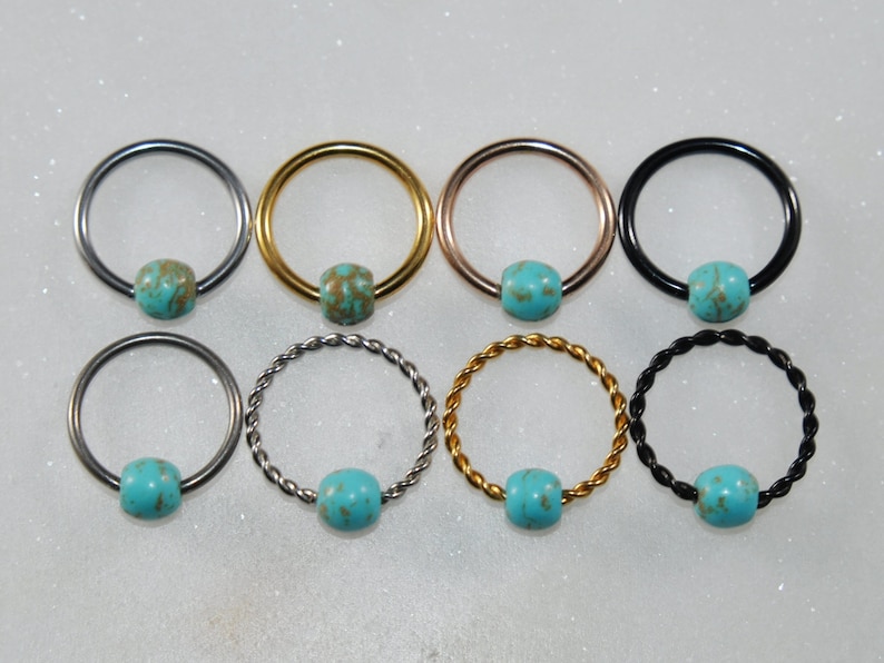 AQUA TURQUOISE MAGNESITE Captive Bead Ring, Surgical Steel/Titanium Size 16g/14g Color Silver/Gold/Rose Gold/Black Style Plain/Braided Cbr image 1