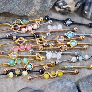 READY TO SHIP Industrial Bar 316L Surgical Steel 14g/16g 32mm/35mm/38mm Handmade Wire-Wrapped Bead Stone Crystal Silver/Gold/Rose Gold/Black