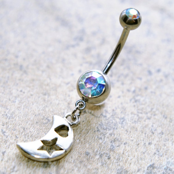 Moon Heart Star Belly Ring, Double AB Gem CZ, Body Piercing Jewelry, 14g 14 gauge, 316L Stainless Surgical Steel, Dangle Charm Navel, Silver