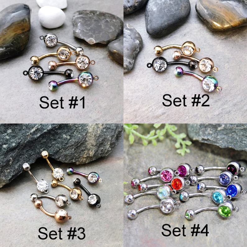 Puede incluir: Cuatro conjuntos de joyer&iacute;a corporal de barra curva con gemas circulares transparentes y de colores. Los conjuntos 1, 2 y 3 incluyen acabados met&aacute;licos en plata, oro, oro rosa, negro y arco&iacute;ris. El conjunto 4 presenta barras plateadas.