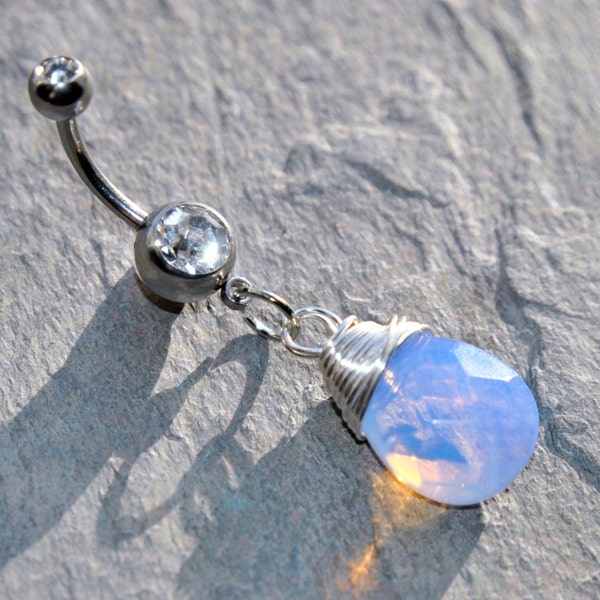 Purple Sea Glass Opalite Belly Ring, Double CZ Gems, Body Piercing Jewelry, 14g 14 gauge, 316L Stainless Surgical Steel, Wire Dangle Navel