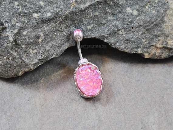 316L Surgical Steel Basic Pink Iridescent Stone Belly Ring 316L Surgical Steel Basic Pink Iridescent Stone Belly Ring