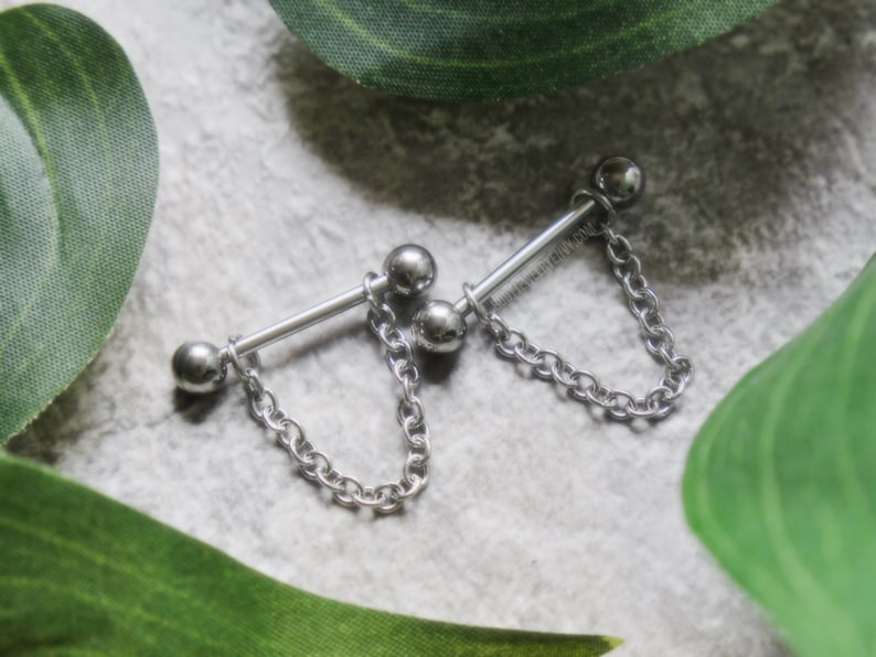Choose Size Chain Nipple Barbell 12g 14g 16g 10mm11mm12mm14mm16mm19mm Single or Pair Unisex 316L Stainless Surgical Steel Silver