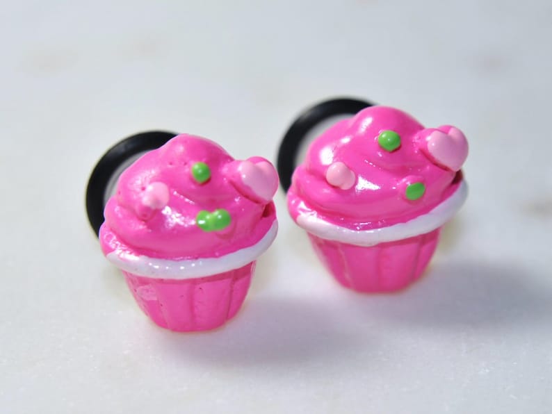PAIR 0g Acrylic Stretched Ears Body Piercing Jewelry Cupcake Plugs 8mm Pink Sweet No Flare Ear Gauges Girly Cute Wedding Work Hiders