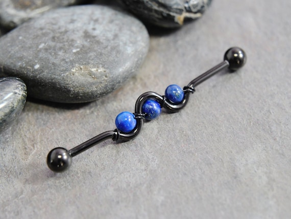 Synthetic Lapis Lazuli Wire wrapped Industrial Bar 14g 38mm 316L Surgical Steel Silver gold rose black Blue Gemstone Wavy Cartilage Barbell Etsy UK
