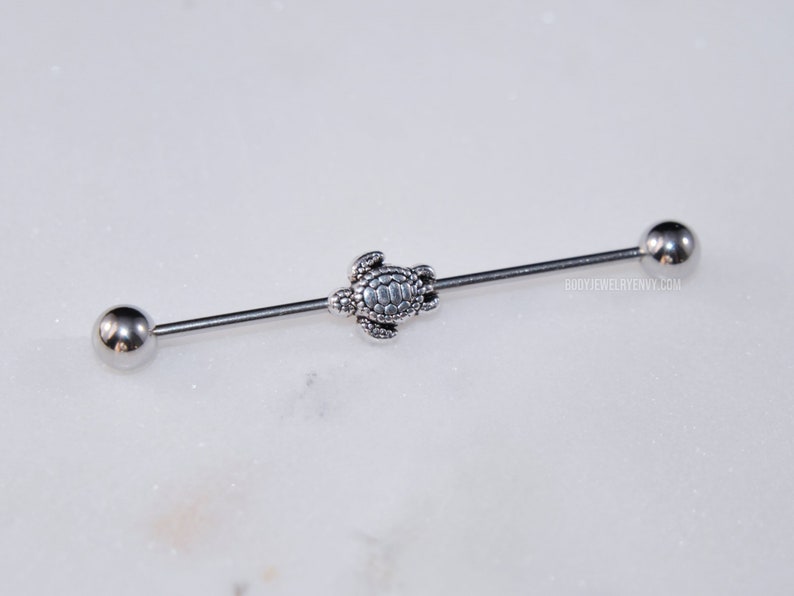 16g Silver Sea Turtle Industrial Bar Barbell Ear Cartilage Scaffold Piercing Beach Jewelry 316L Stainless Surgical Steel 30mm 35mm 38mm