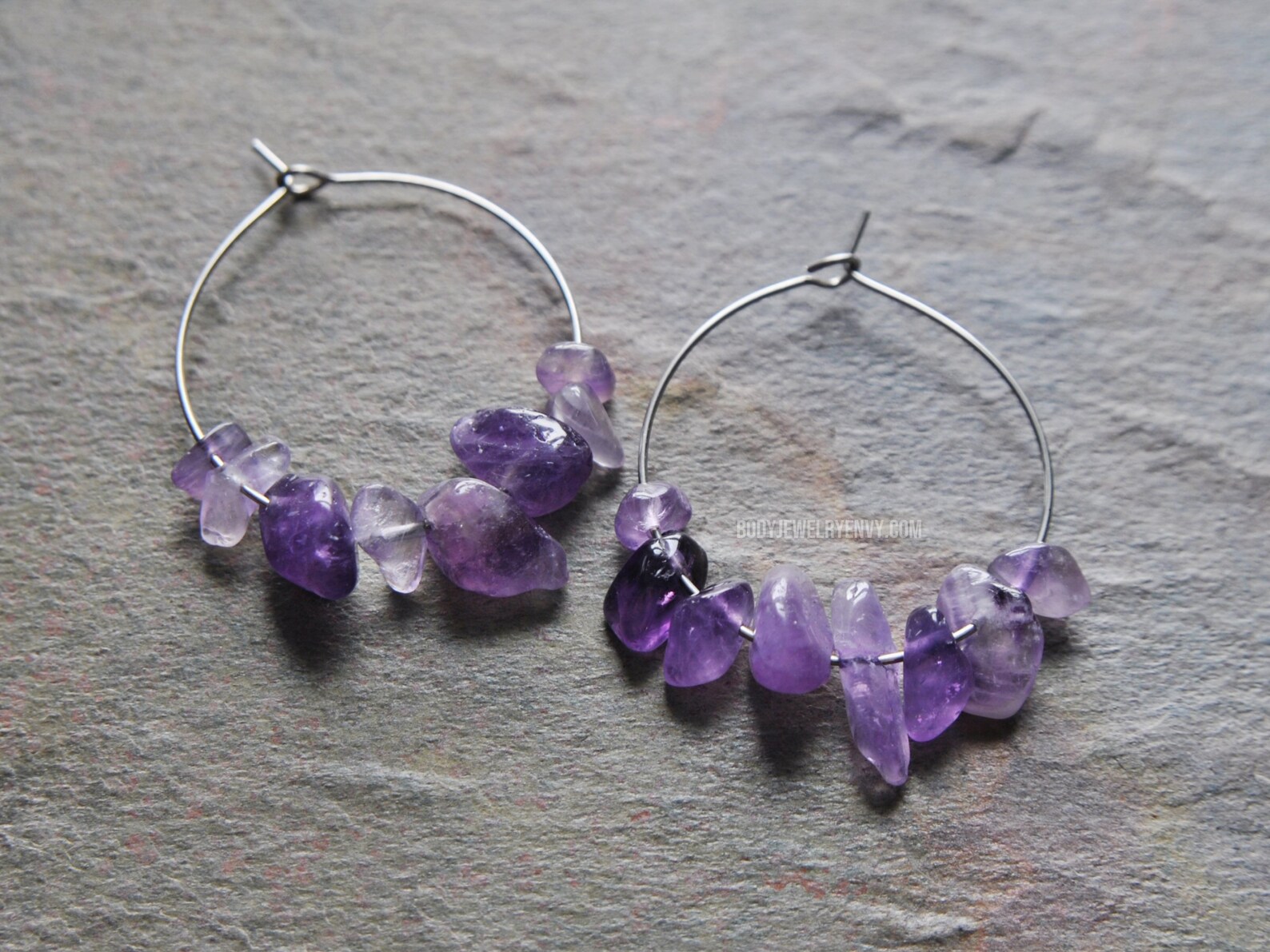 Amethyst Gemstone Chip Hoop Earrings Hypoallergenic Stainless Steel