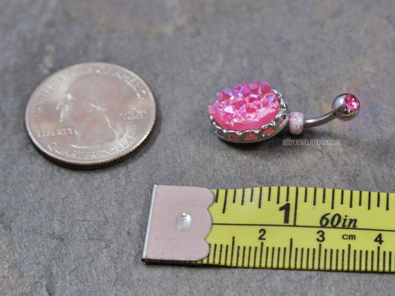 Pink Druzy Belly Button Ring Pink Navel Ring Iridescent AB 14 gauge 38 inch 10mm 316L Stainless Surgical Steel Resin Faux Crystal Gem